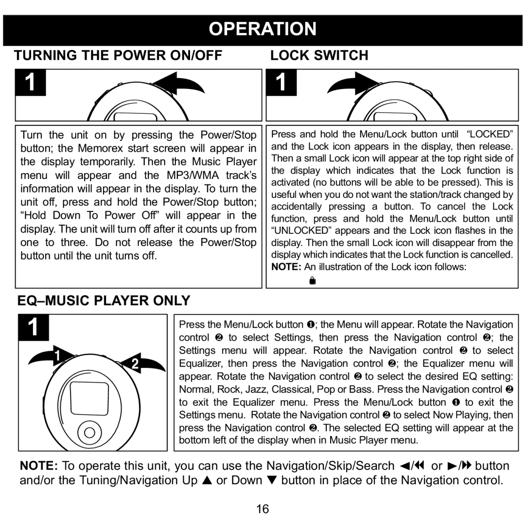 Memorex MMP8570 manual Operation, Turning the Power ON/OFF Lock Switch, EQ-MUSIC Player only 