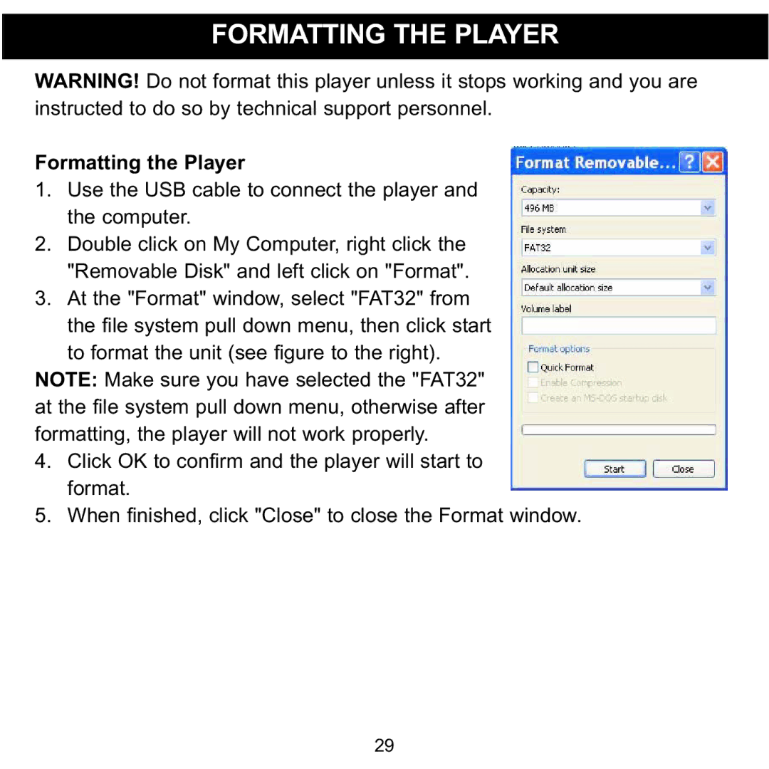 Memorex MMP8570 manual Formatting the Player 