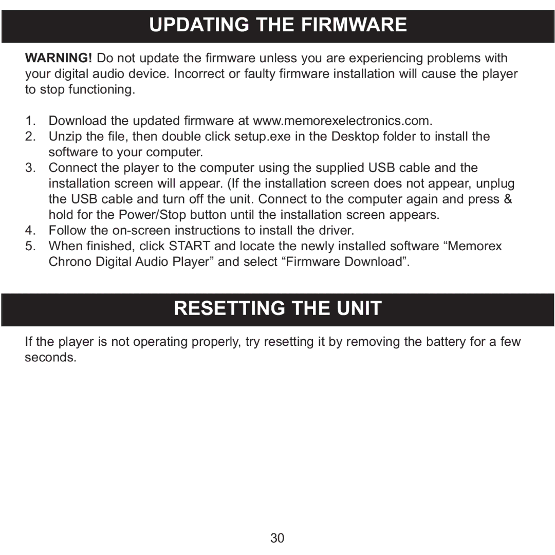 Memorex MMP8570 manual Updating the Firmware, Resetting the Unit 