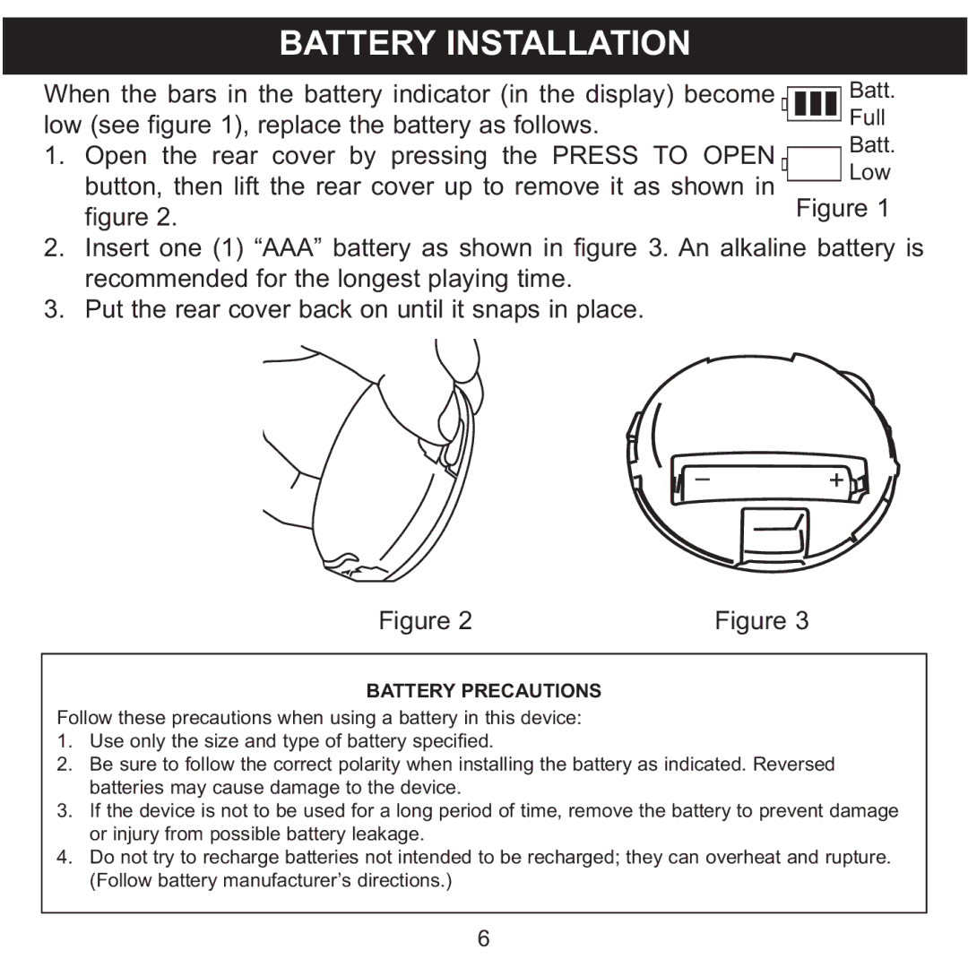 Memorex MMP8570 manual Battery Installation, Battery Precautions 