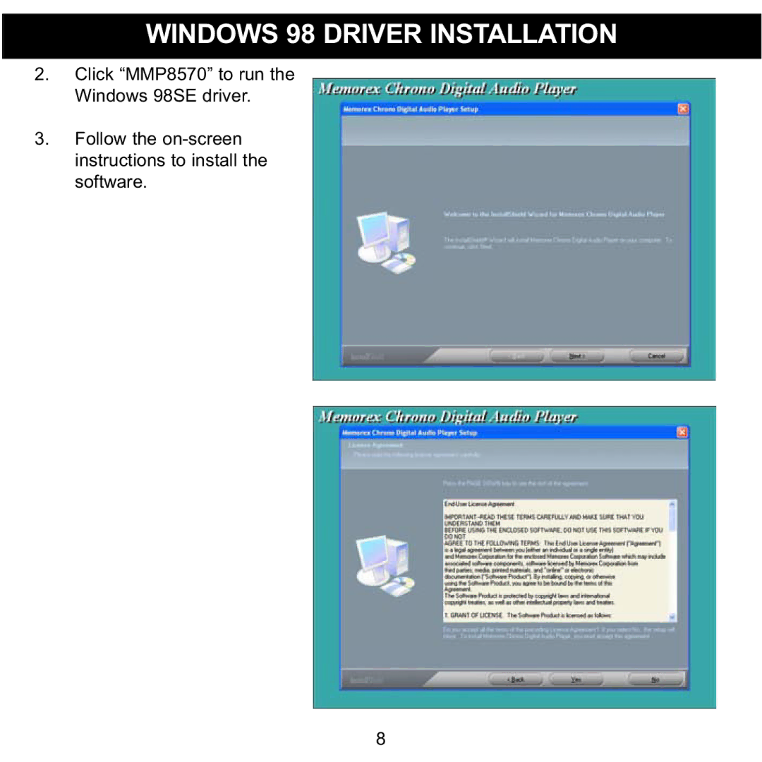 Memorex MMP8570 manual Windows 98 Driver Installation 