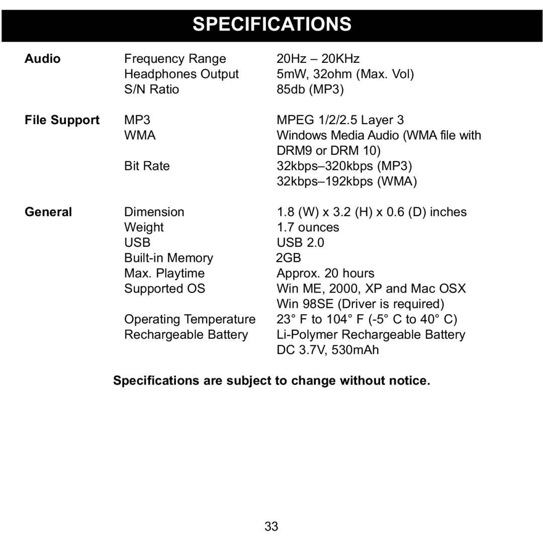 Memorex MMP8575 manual Specifications, File Support 