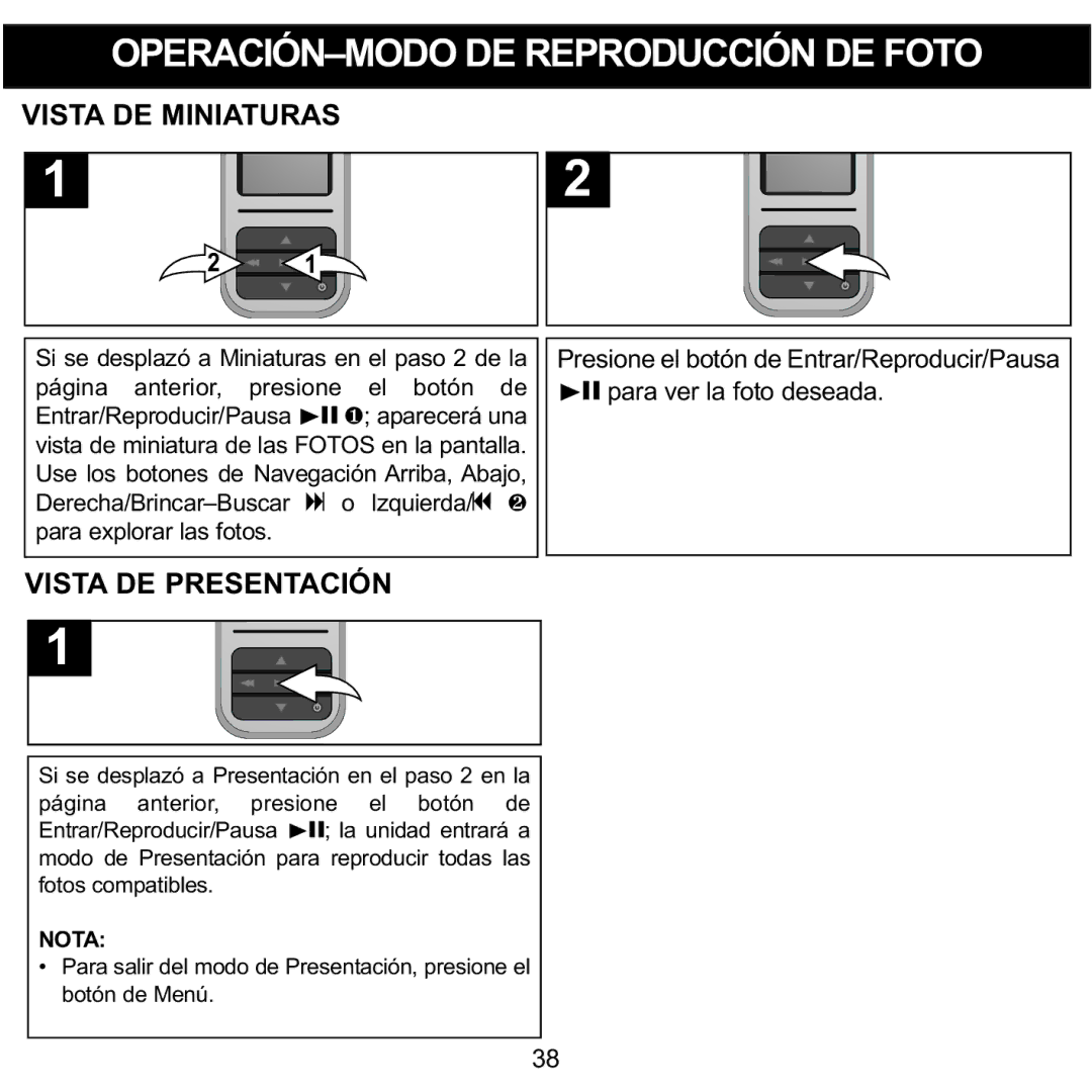 Memorex MMP8590-BLK, MMP8590-WHT manual OPERACIÓN-MODODE Reproduccióndefoto, Vista DE Miniaturas, Vista DE Presentación 