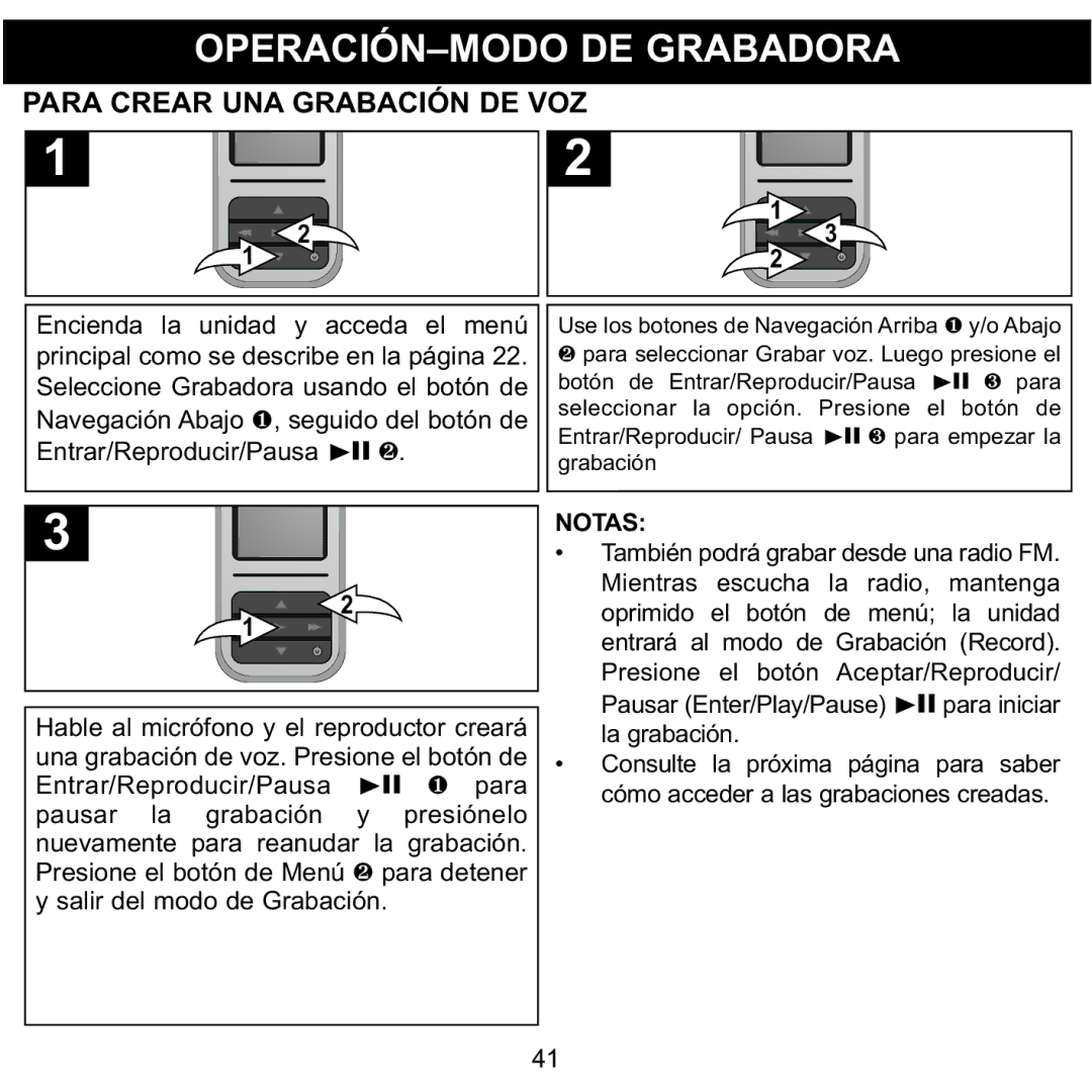 Memorex MMP8590-ORG OPERACIÓN-MODO DE Grabadora, Para Crear UNA Grabación DE VOZ, Seleccione Grabadora usando el botón de 