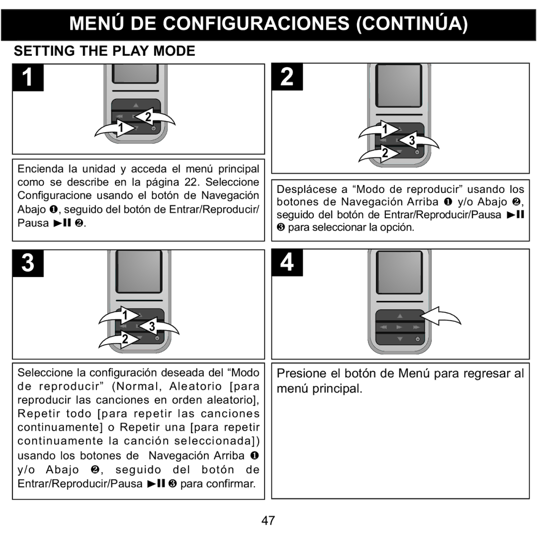 Memorex MMP8590-WHT, MMP8590-BLK, MMP8590-PNK, MMP8590-ORG manual Reproducir las canciones en orden aleatorio 