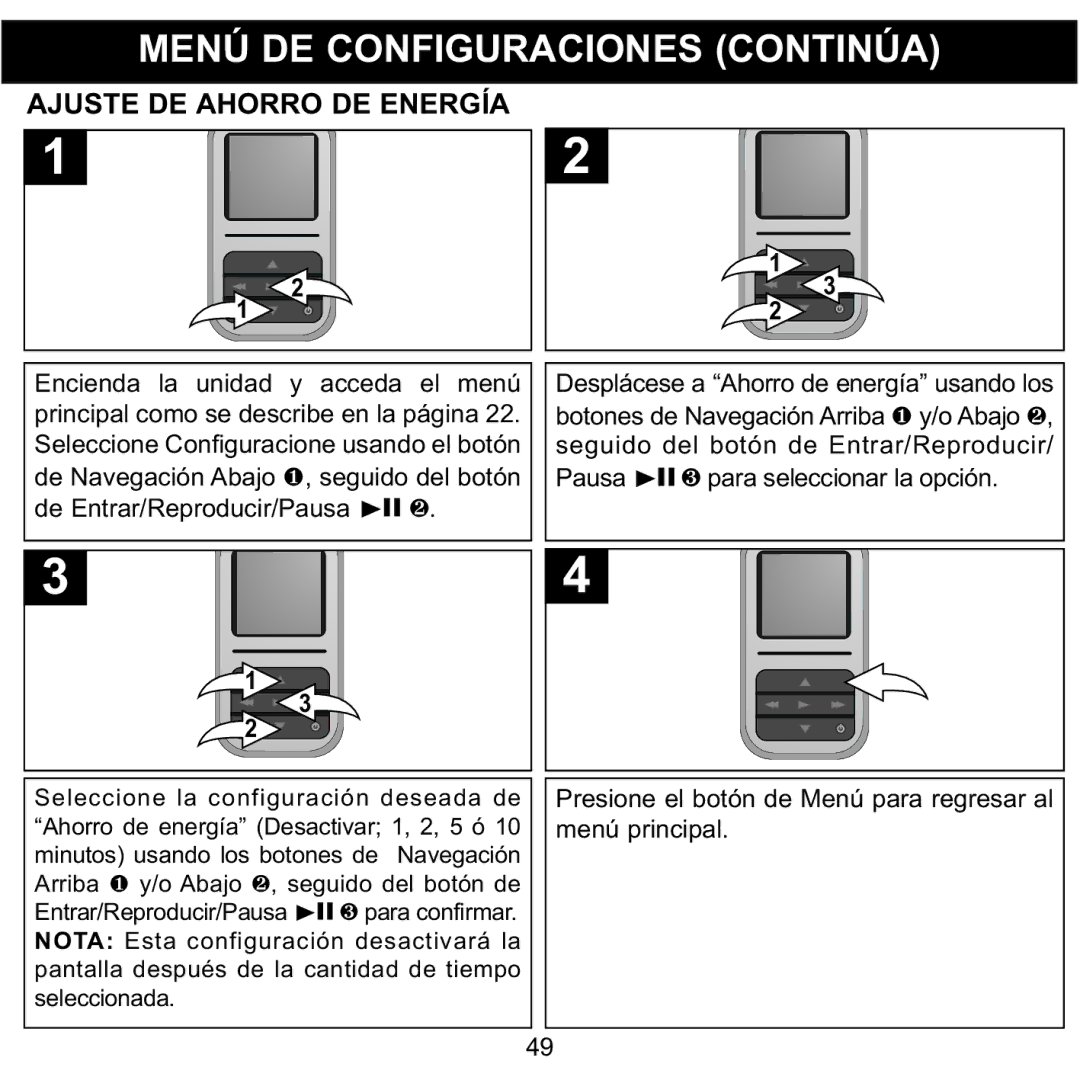 Memorex MMP8590-ORG, MMP8590-BLK, MMP8590-WHT manual Ajuste DE Ahorro DE Energía, Principal como se describe en la página 