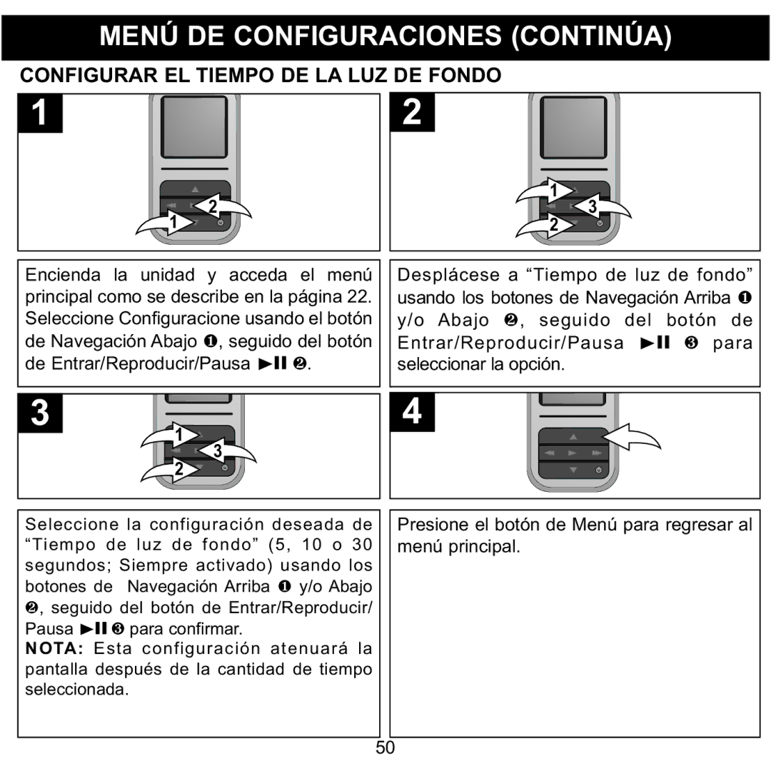 Memorex MMP8590-BLK, MMP8590-WHT, MMP8590-PNK, MMP8590-ORG manual Configurar EL Tiempo DE LA LUZ DE Fondo 