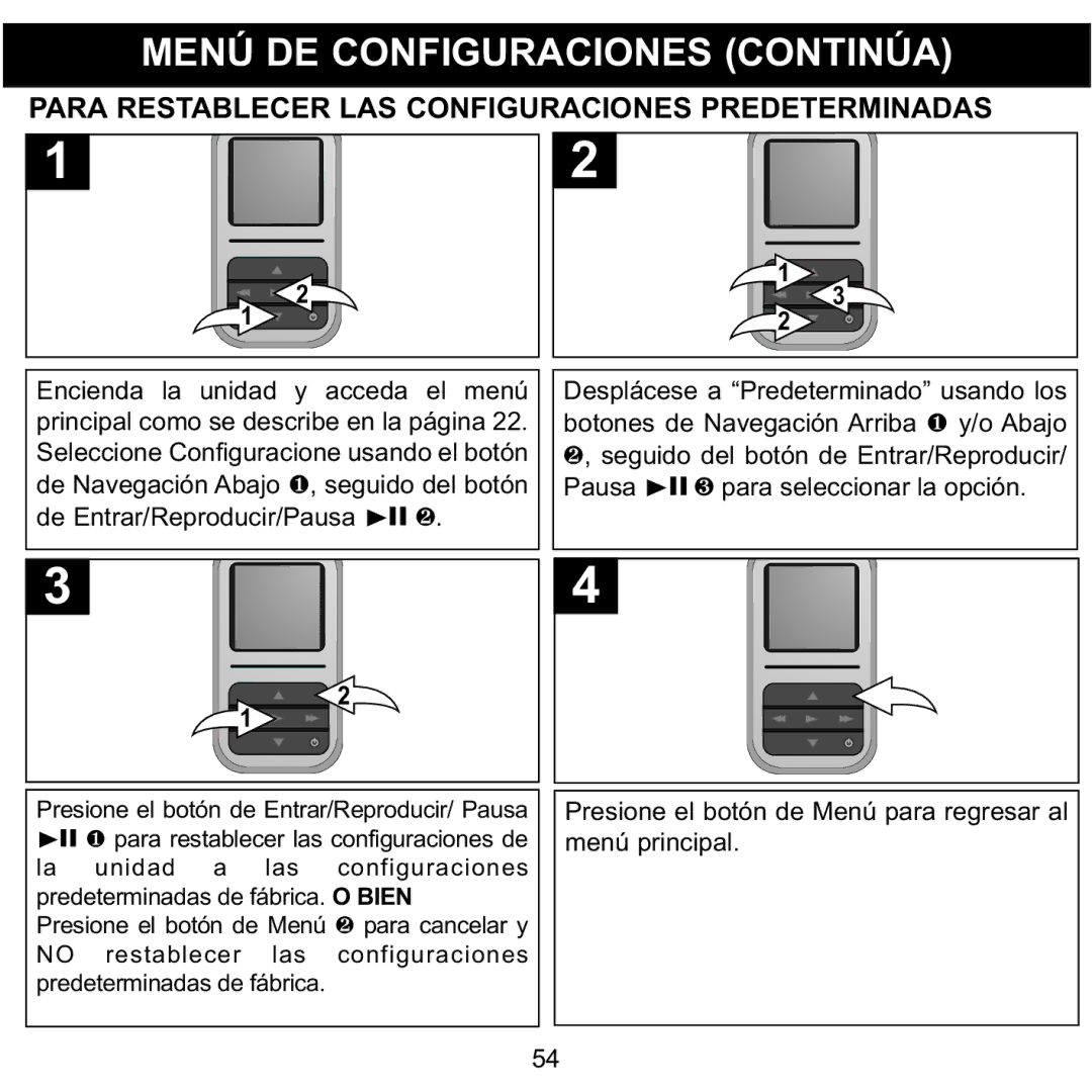 Memorex MMP8590-BLK, MMP8590-WHT, MMP8590-PNK, MMP8590-ORG manual Para Restablecer LAS Configuraciones Predeterminadas 