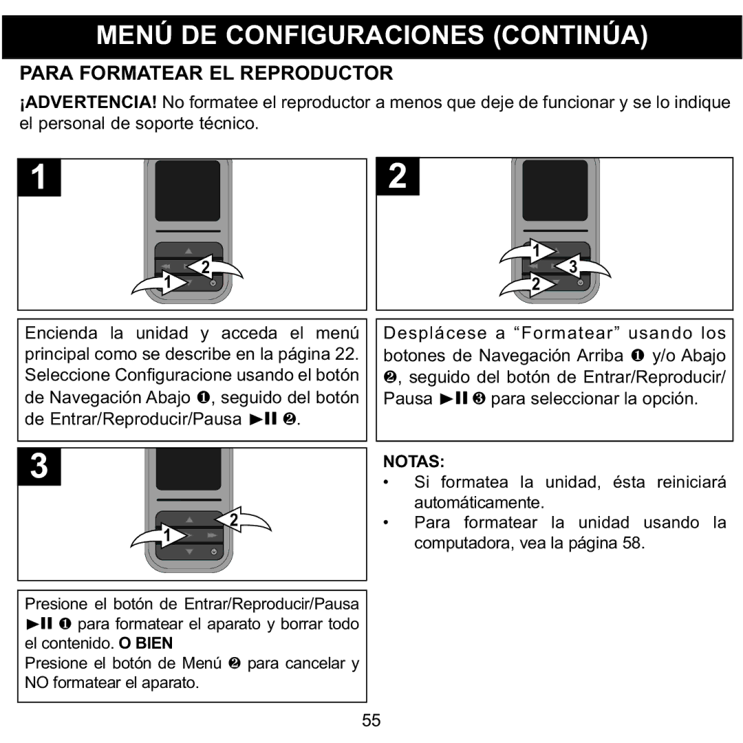 Memorex MMP8590-WHT, MMP8590-BLK, MMP8590-PNK, MMP8590-ORG manual Para Formatear EL Reproductor, De Entrar/Reproducir/Pausa1 