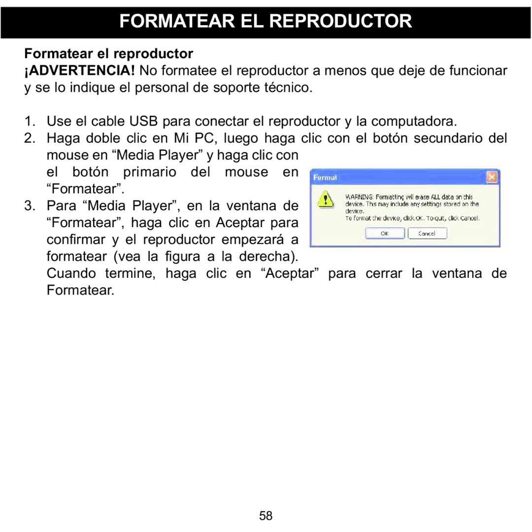 Memorex MMP8590-BLK, MMP8590-WHT, MMP8590-PNK, MMP8590-ORG manual Formatear EL Reproductor, Formatear el reproductor 