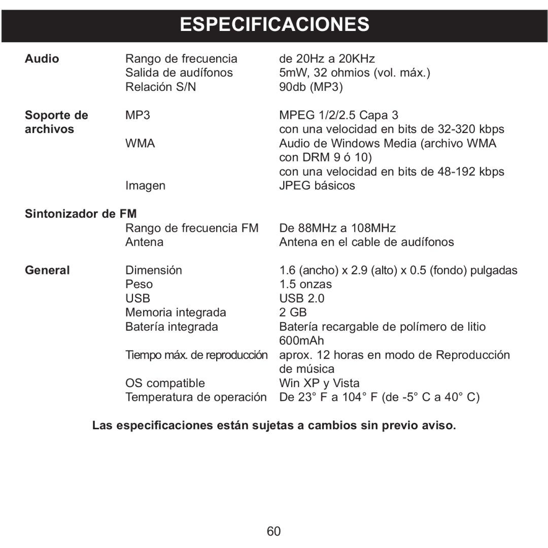 Memorex MMP8590-PNK, MMP8590-BLK, MMP8590-WHT, MMP8590-ORG manual Especificaciones, Archivos 