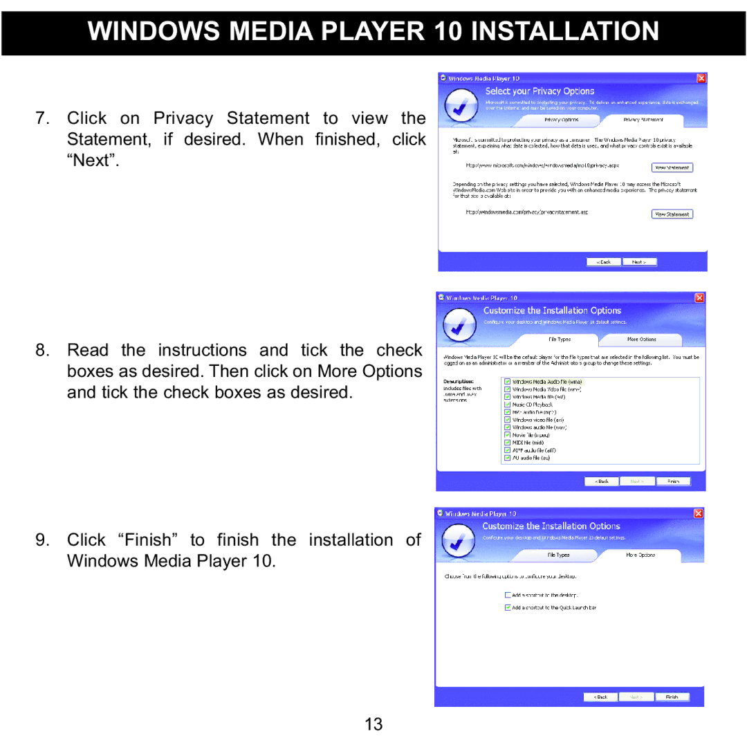 Memorex MMP8590-PNK, MMP8590-BLK, MMP8590-WHT, MMP8590-ORG manual Windows Media Player 10 Installation 