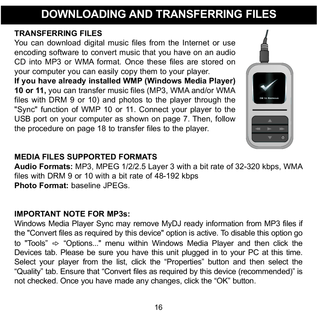 Memorex MMP8590-WHT, MMP8590-BLK, MMP8590-PNK, MMP8590-ORG Downloading and Transferring Files, Media Files Supported Formats 