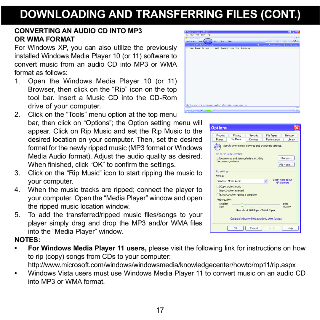 Memorex MMP8590-PNK, MMP8590-BLK, MMP8590-WHT, MMP8590-ORG manual Converting AN Audio CD Into MP3 Or WMA Format 