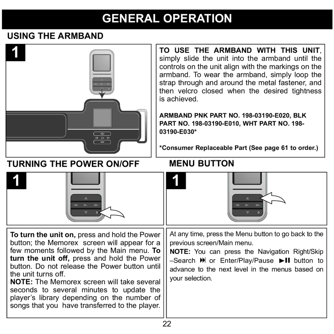 Memorex MMP8590-ORG, MMP8590-BLK, MMP8590-WHT manual Using the Armbandgeneral Operation, Turning the Power ON/OFF Menu Button 