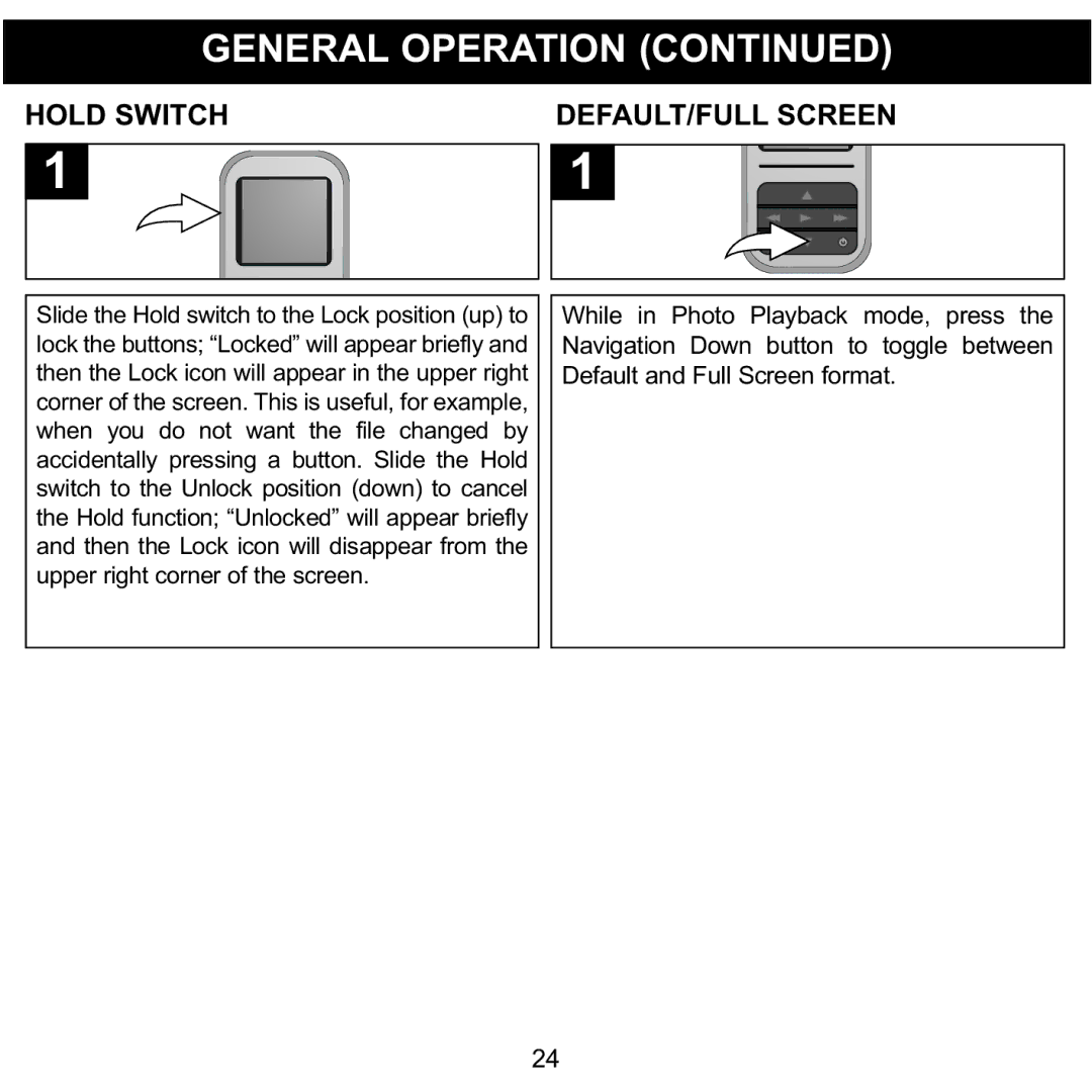 Memorex MMP8590-WHT, MMP8590-BLK, MMP8590-PNK, MMP8590-ORG manual Hold Switch DEFAULT/FULL Screen 