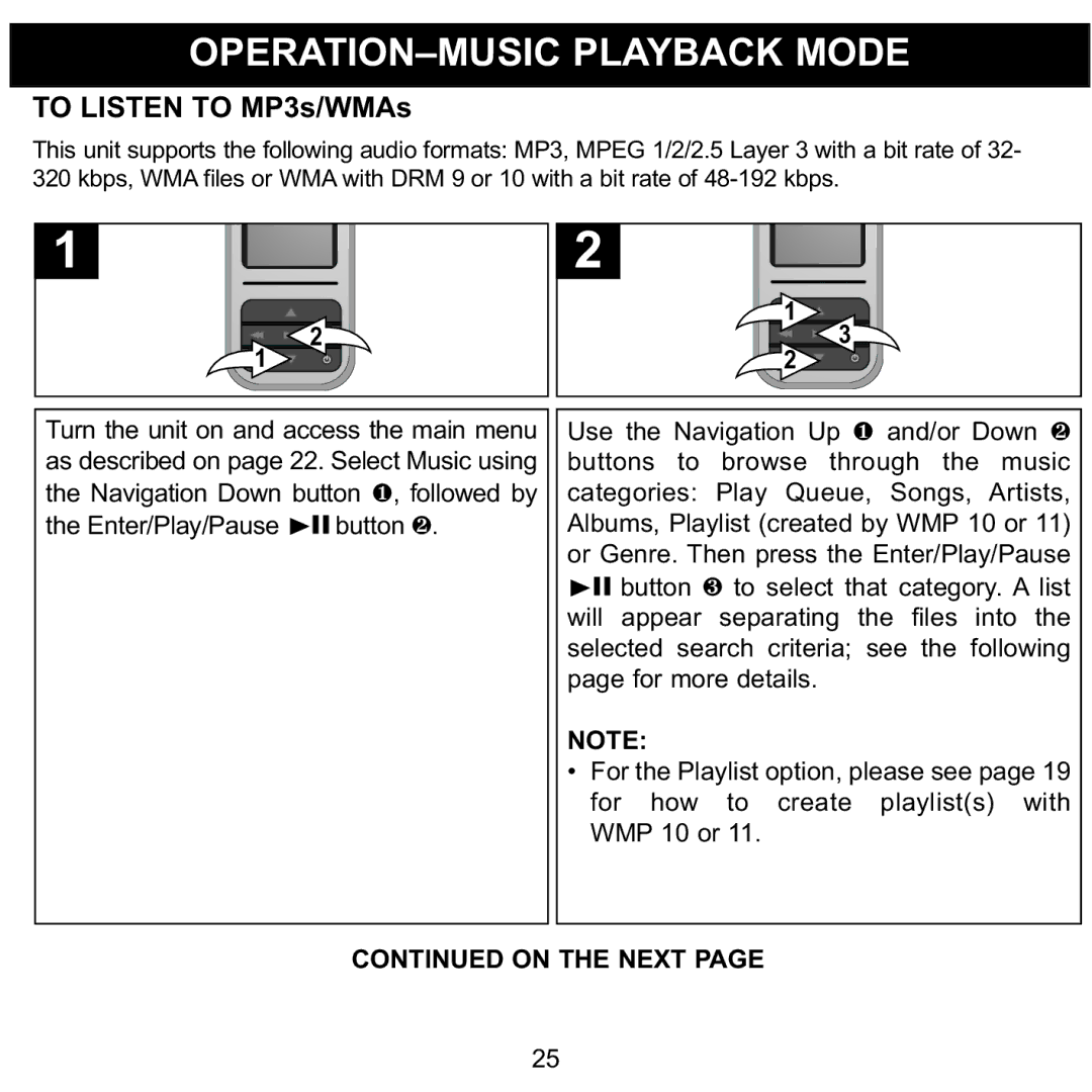 Memorex MMP8590-PNK, MMP8590-BLK, MMP8590-WHT, MMP8590-ORG manual OPERATION-MUSIC Playback Mode, To Listen to MP3s/WMAs, Next 