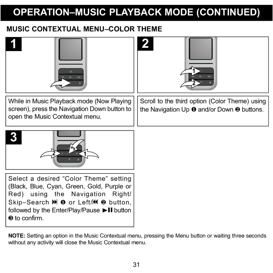 Memorex MMP8590-BLK, MMP8590-WHT, MMP8590-PNK, MMP8590-ORG manual Music Contextual MENU-COLOR Theme 