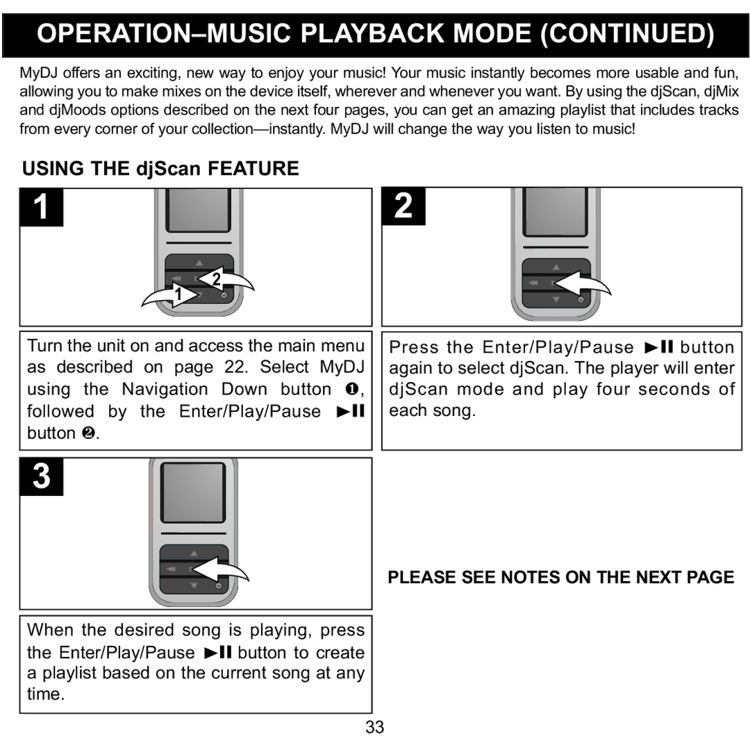 Memorex MMP8590-PNK, MMP8590-BLK, MMP8590-WHT, MMP8590-ORG manual Using the djScan Feature, Please see Notes on the Next 