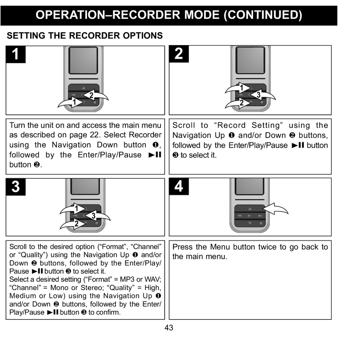 Memorex MMP8590-BLK, MMP8590-WHT, MMP8590-PNK, MMP8590-ORG manual Setting the Recorder Options 