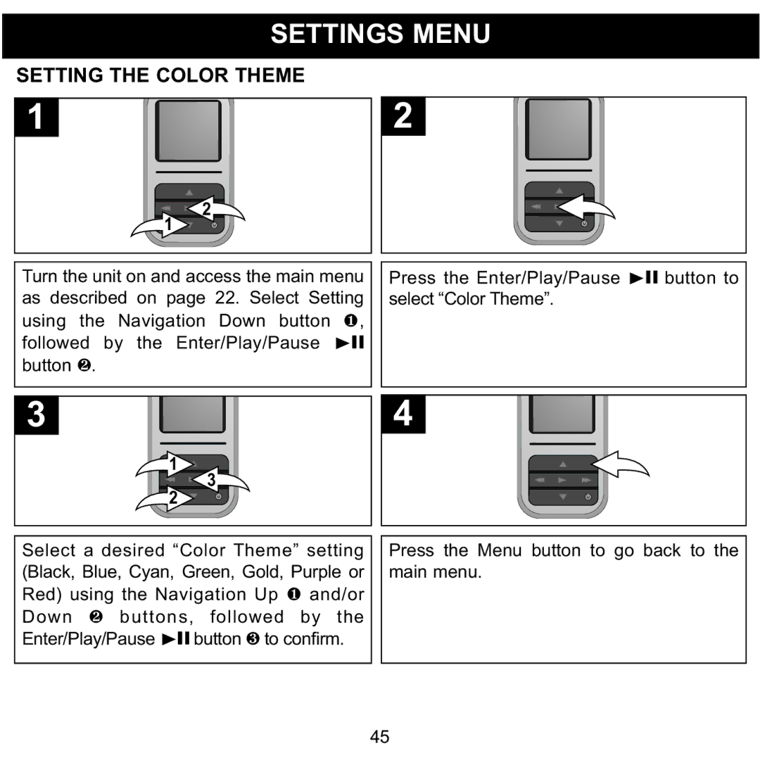 Memorex MMP8590-PNK, MMP8590-BLK, MMP8590-WHT, MMP8590-ORG manual Settings Menu, Setting the Color Theme 