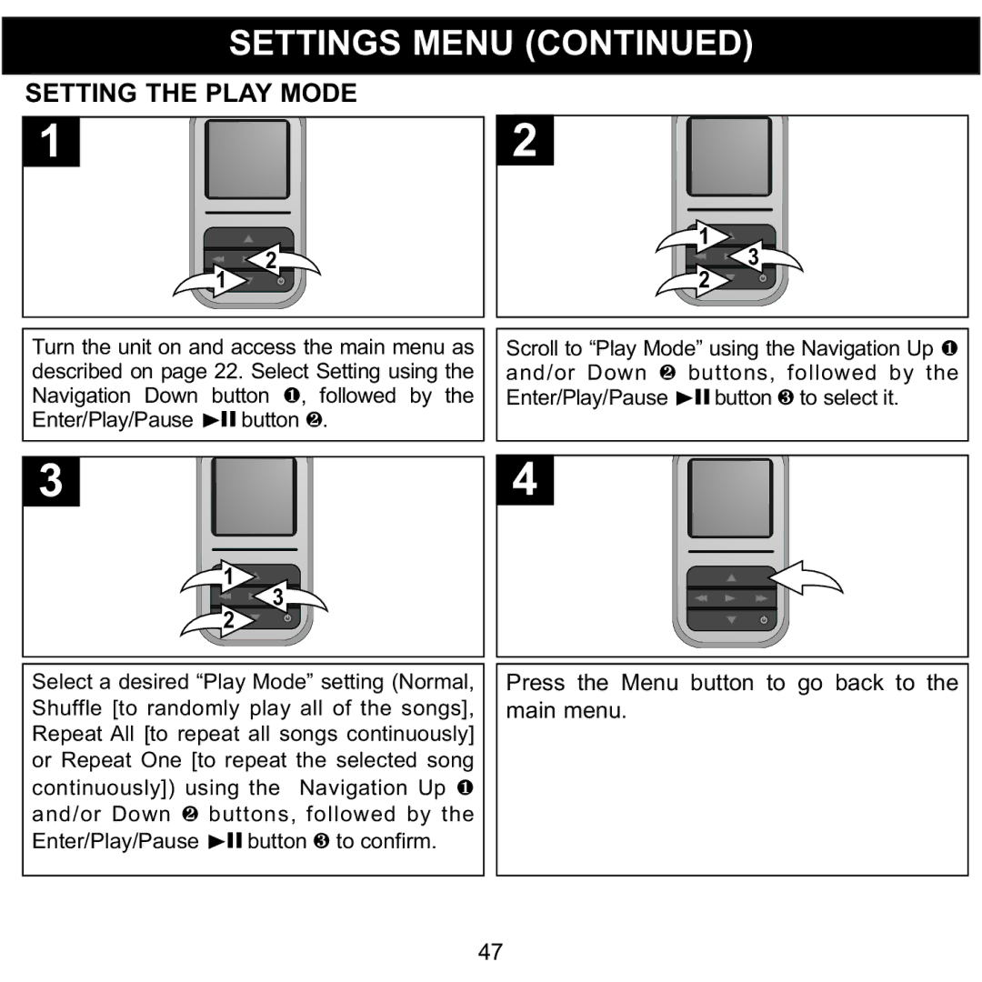 Memorex MMP8590-BLK, MMP8590-WHT, MMP8590-PNK, MMP8590-ORG manual Setting the Play Mode 