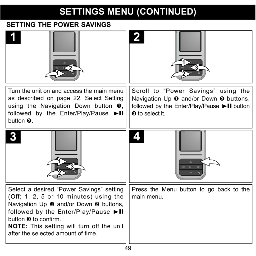 Memorex MMP8590-PNK, MMP8590-BLK, MMP8590-WHT, MMP8590-ORG manual Setting the Power Savings 