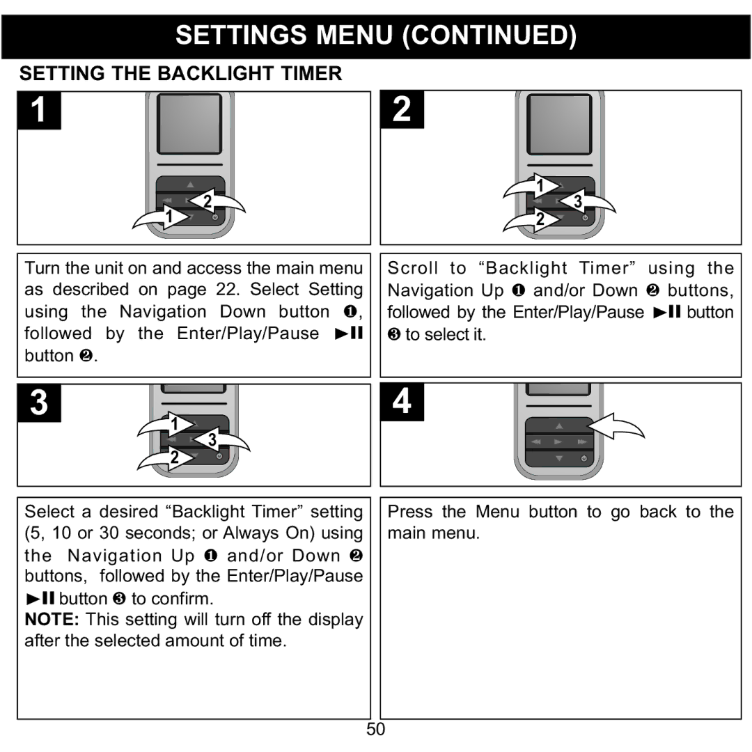 Memorex MMP8590-ORG, MMP8590-BLK, MMP8590-WHT, MMP8590-PNK manual Setting the Backlight Timer 