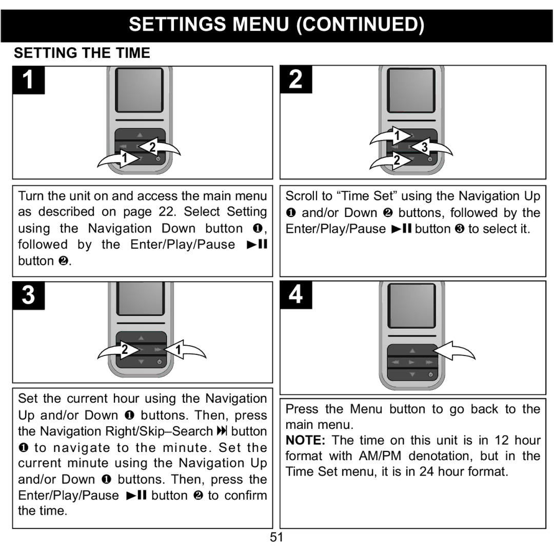 Memorex MMP8590-BLK, MMP8590-WHT, MMP8590-PNK, MMP8590-ORG manual Setting the Time, Scroll to Time Set using the Navigation Up 