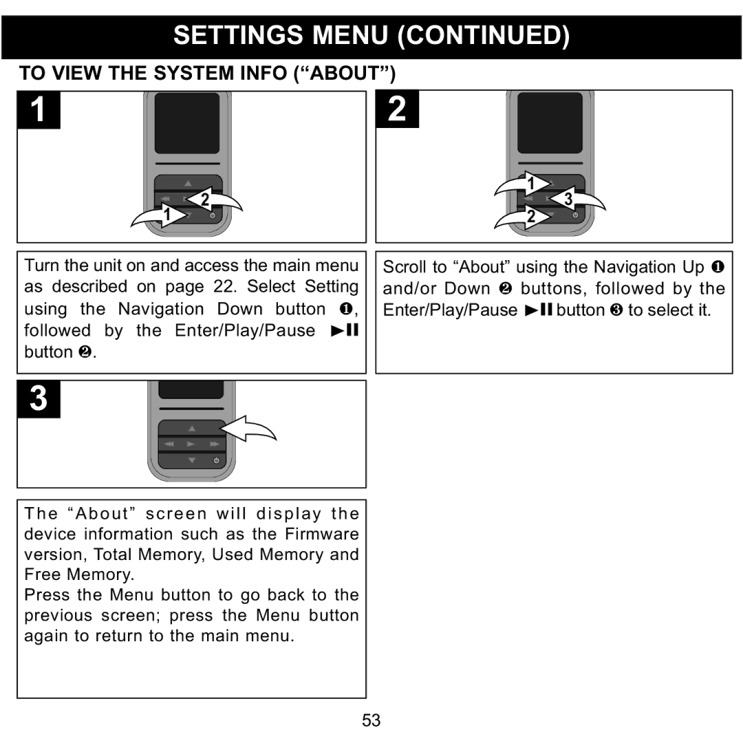 Memorex MMP8590-PNK, MMP8590-BLK, MMP8590-WHT, MMP8590-ORG manual To View the System Info about 