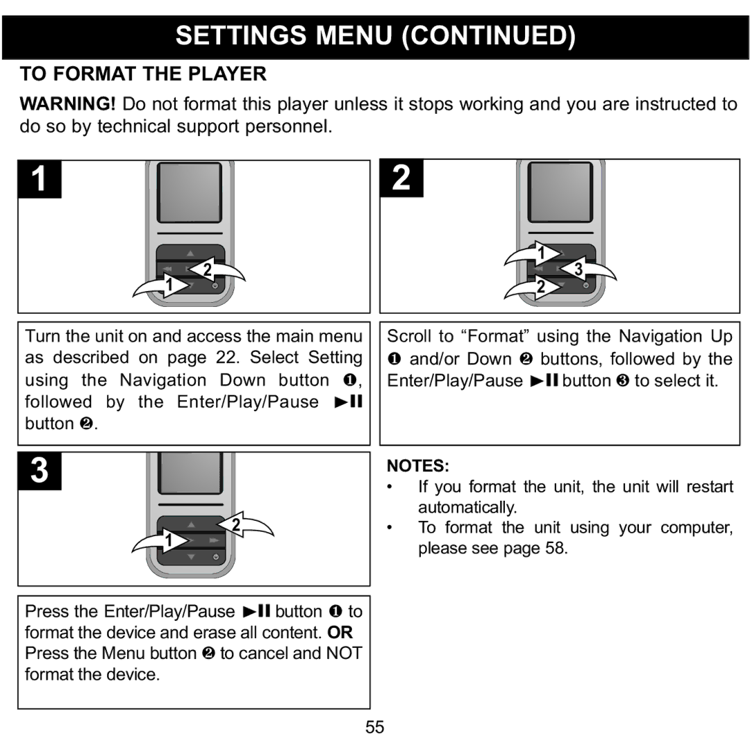 Memorex MMP8590-BLK, MMP8590-WHT, MMP8590-PNK, MMP8590-ORG manual To Format the Player 