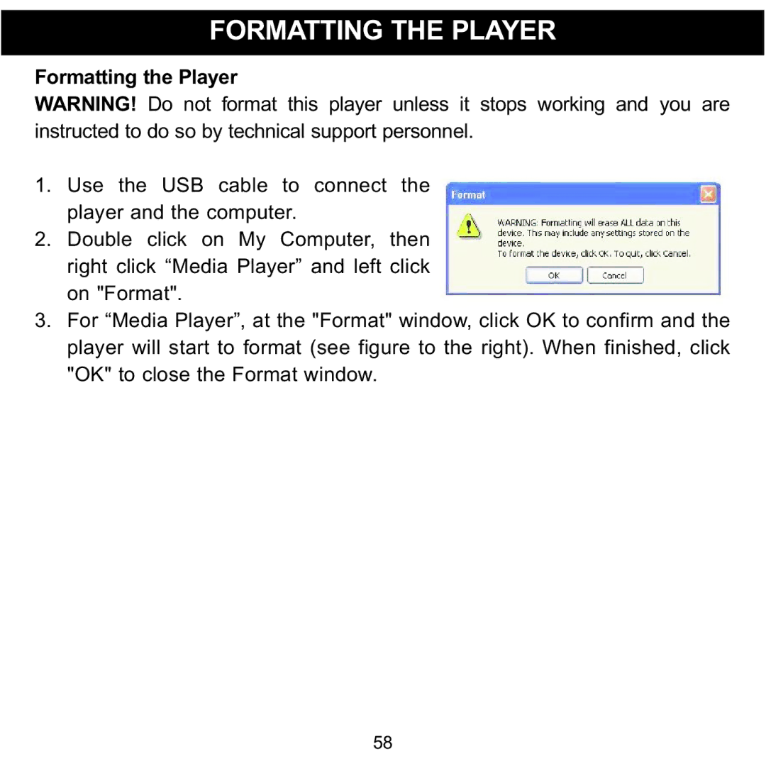 Memorex MMP8590-ORG, MMP8590-BLK, MMP8590-WHT, MMP8590-PNK manual Formatting the Player 