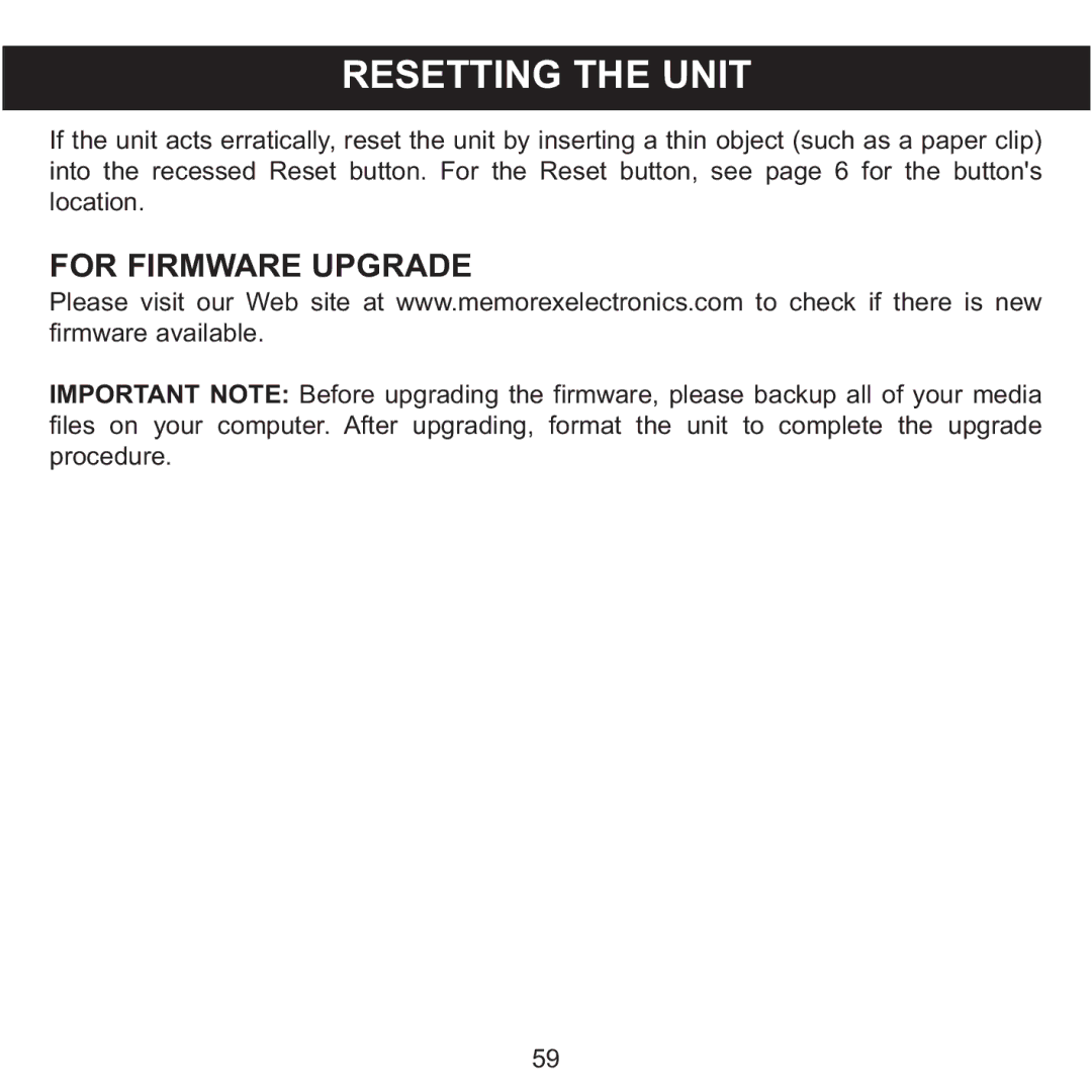 Memorex MMP8590-BLK, MMP8590-WHT, MMP8590-PNK, MMP8590-ORG manual Resetting the Unit, For Firmware Upgrade 