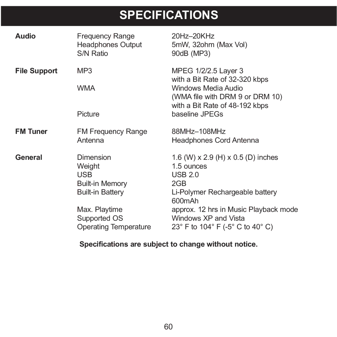 Memorex MMP8590-WHT, MMP8590-BLK, MMP8590-PNK, MMP8590-ORG manual Specifications, Audio File Support FM Tuner General 