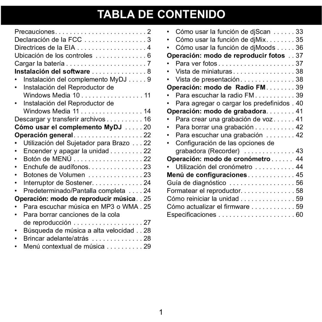 Memorex MMP8590-ORG, MMP8590-BLK, MMP8590-WHT, MMP8590-PNK manual Tabla DE Contenido, Operación modo de cronómetro 