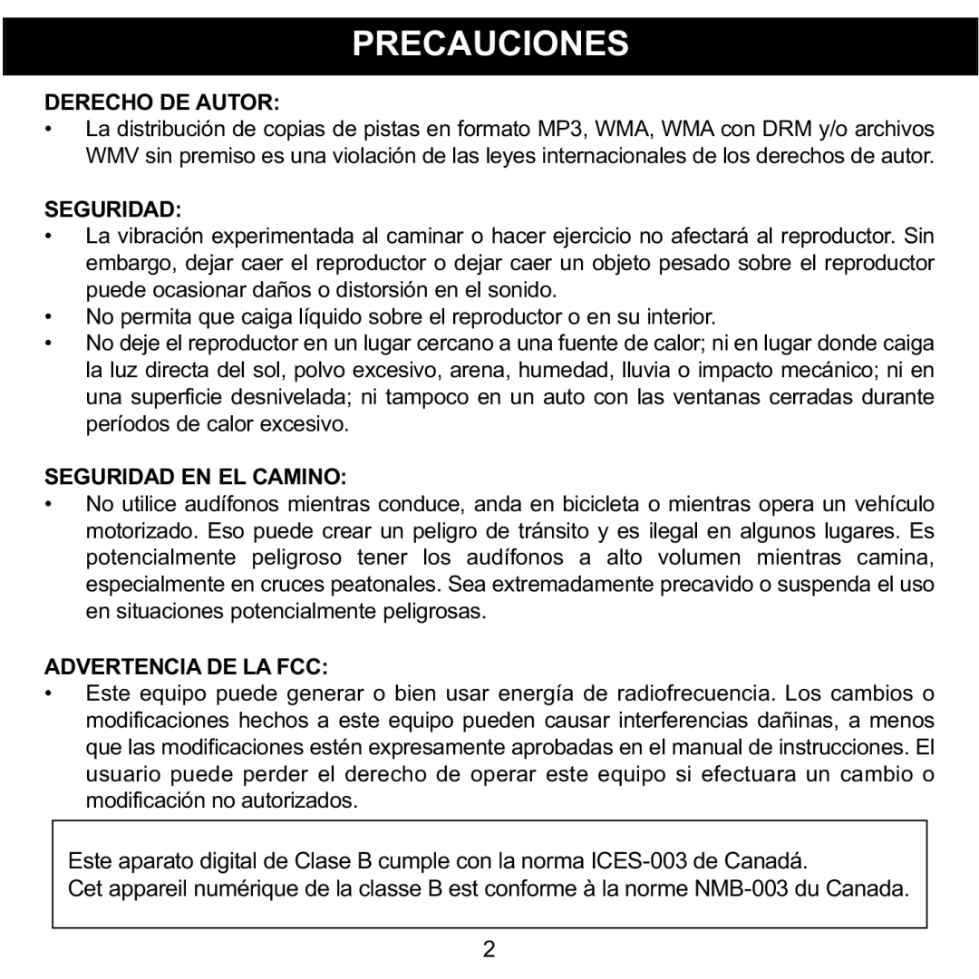 Memorex MMP8590-BLK, MMP8590-WHT, MMP8590-PNK, MMP8590-ORG manual Precauciones, Derecho DE Autor 