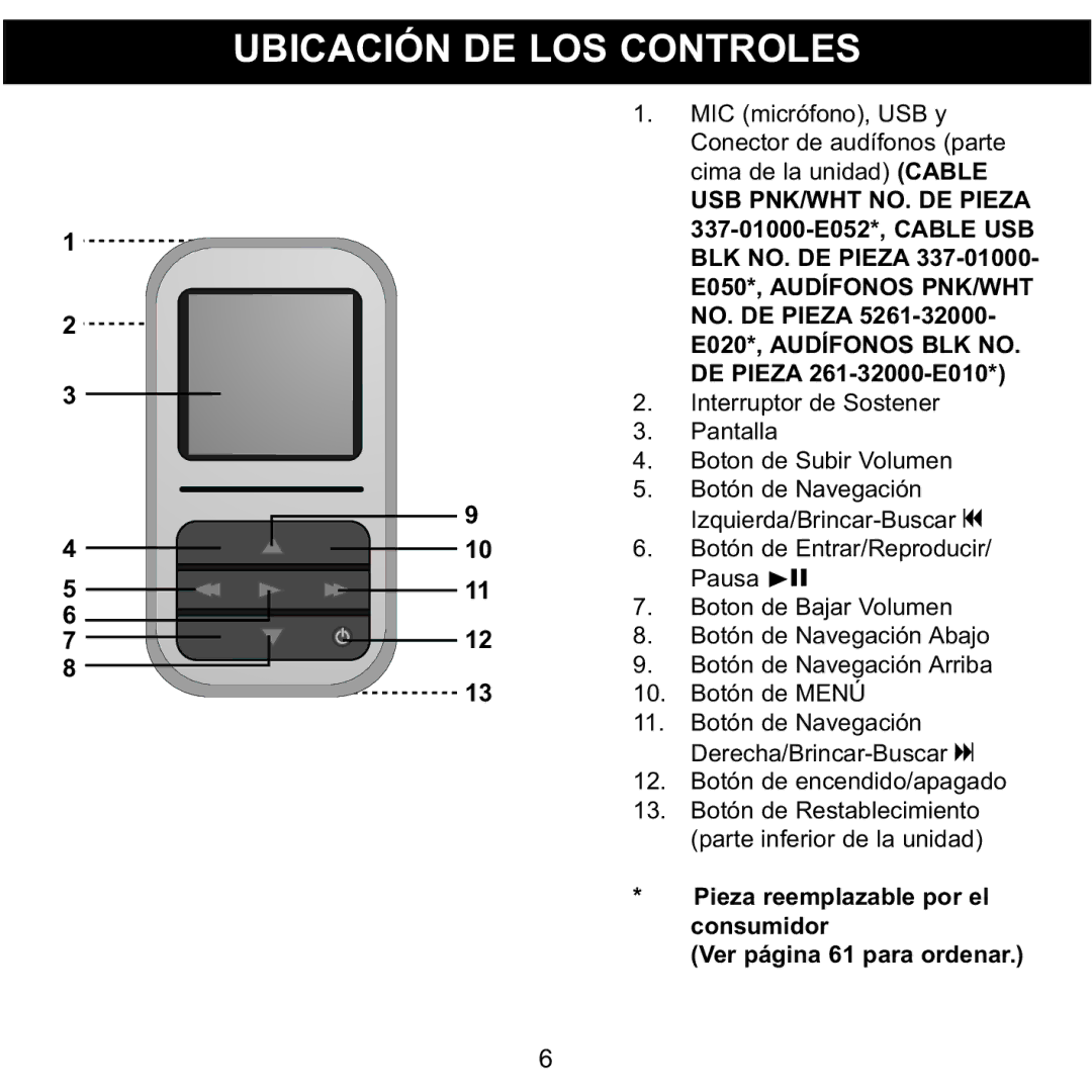 Memorex MMP8590-BLK, MMP8590-WHT, MMP8590-PNK, MMP8590-ORG manual Ubicación DE LOS Controles 