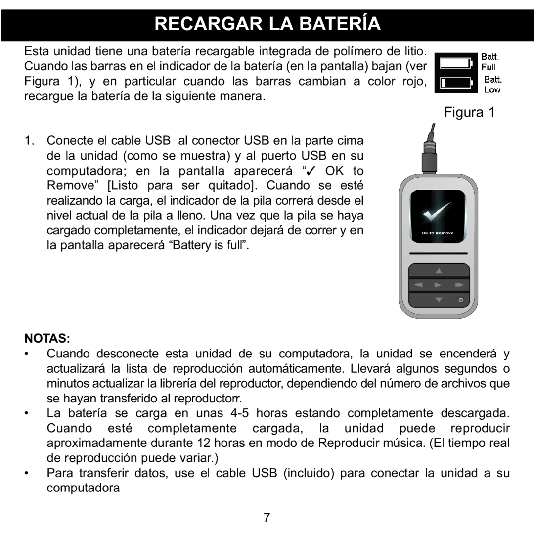 Memorex MMP8590-WHT, MMP8590-BLK, MMP8590-PNK, MMP8590-ORG manual Recargar LA Batería, Notas 