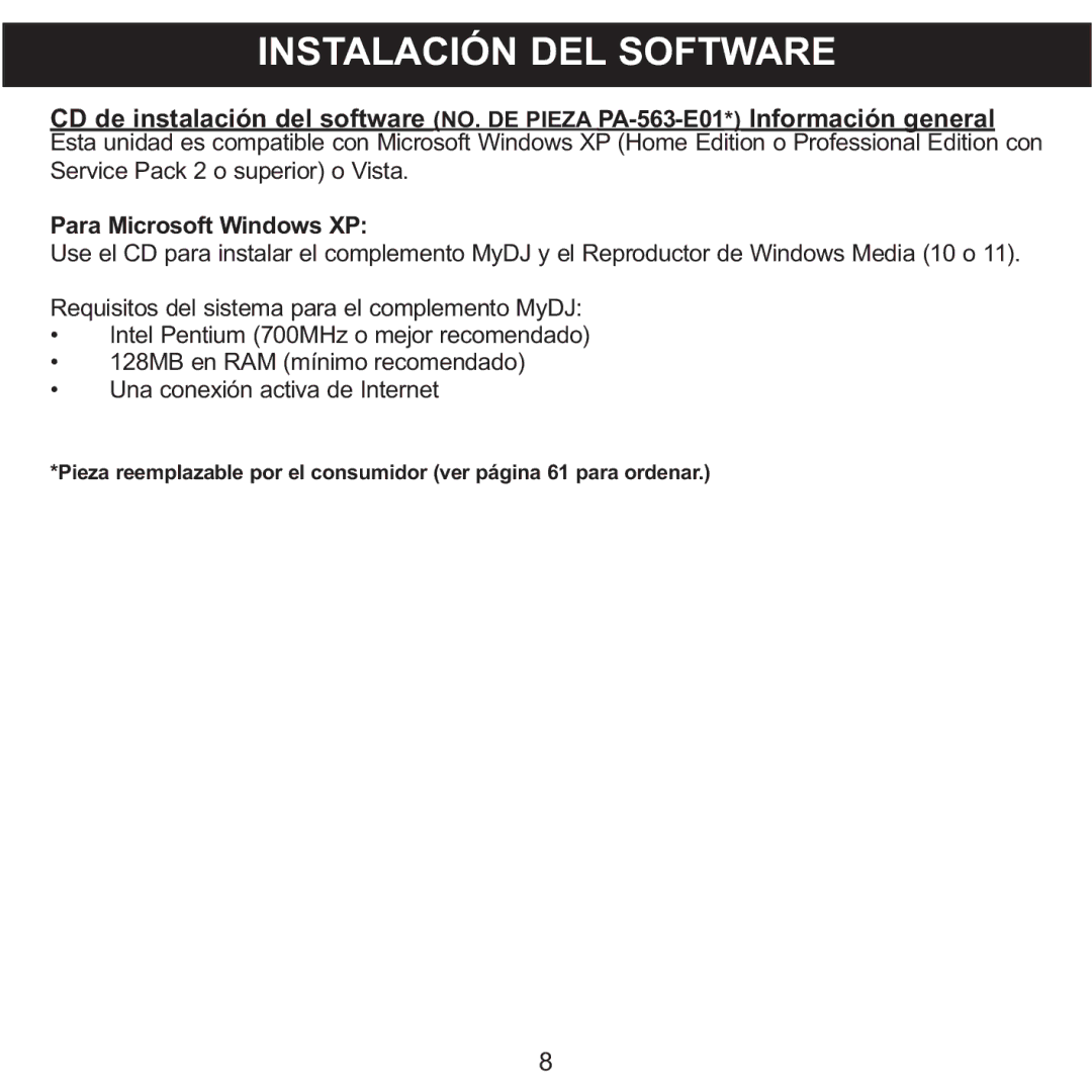 Memorex MMP8590-PNK, MMP8590-BLK, MMP8590-WHT, MMP8590-ORG manual Instalación DEL Software, Para Microsoft Windows XP 