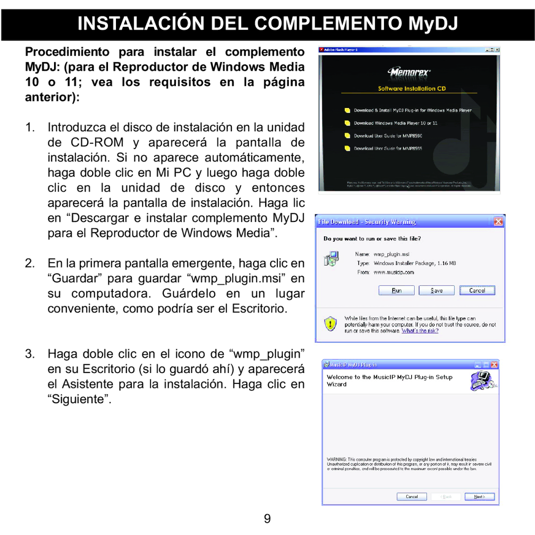 Memorex MMP8590-ORG, MMP8590-BLK, MMP8590-WHT, MMP8590-PNK manual Instalación DEL Complemento MyDJ 