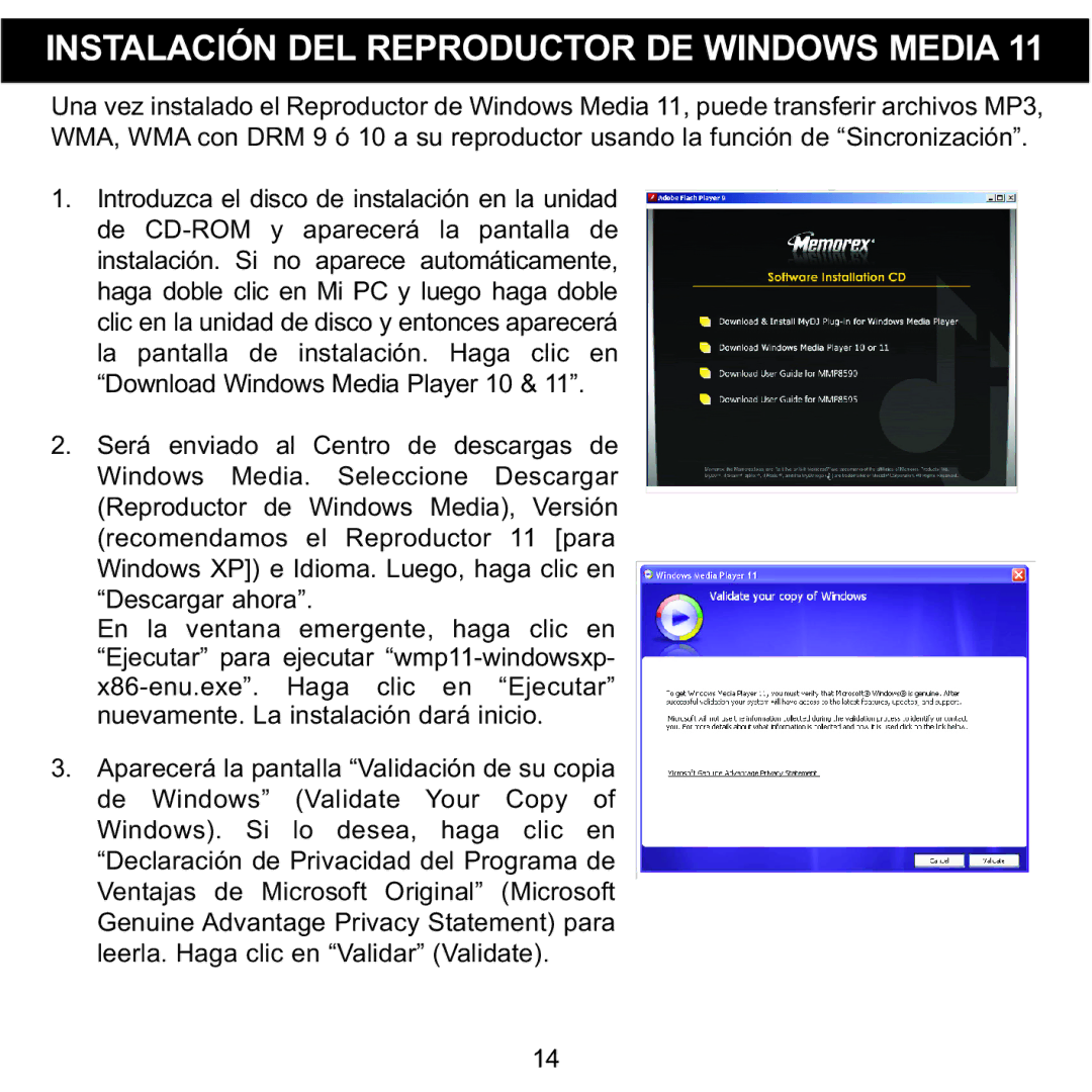 Memorex MMP8590-BLK, MMP8590-WHT, MMP8590-PNK, MMP8590-ORG manual Instalación DEL Reproductor DE Windows Media 