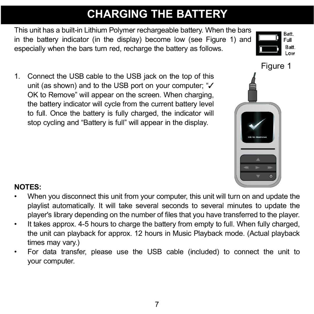 Memorex MMP8590-BLK, MMP8590-WHT, MMP8590-PNK, MMP8590-ORG manual Charging the Battery 