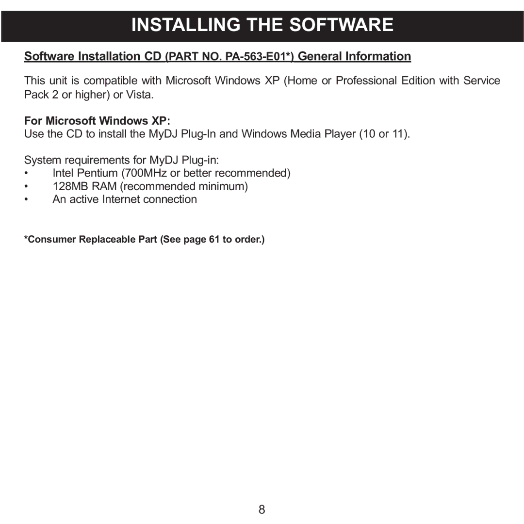 Memorex MMP8590-WHT, MMP8590-BLK, MMP8590-PNK, MMP8590-ORG manual Installing the Software, For Microsoft Windows XP 