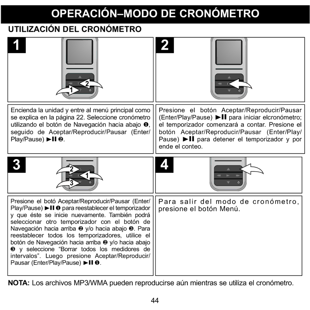 Memorex MMP8590-PNK, MMP8590-BLK, MMP8590-WHT, MMP8590-ORG manual OPERACIÓN-MODO DE Cronómetro, Utilización DEL Cronómetro 