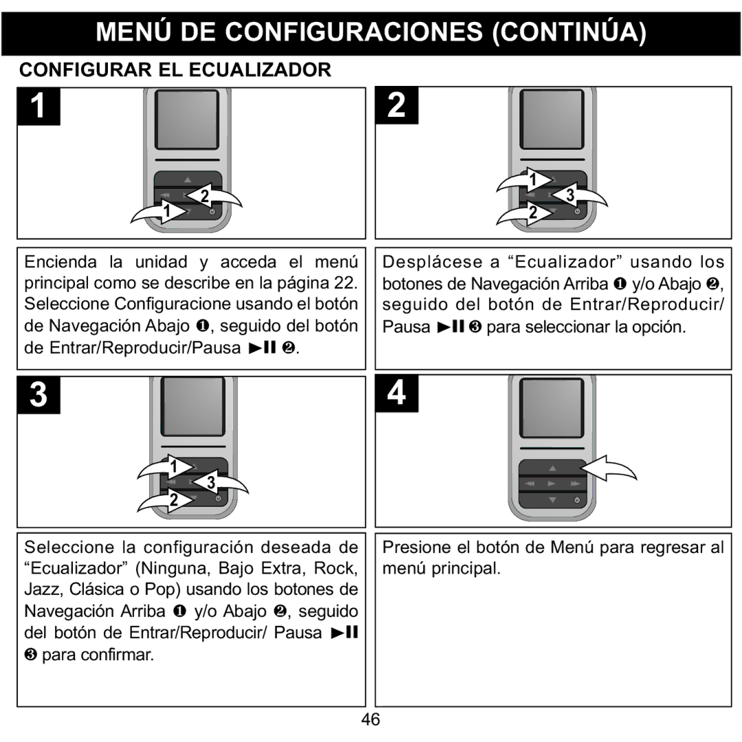 Memorex MMP8590-BLK, MMP8590-WHT, MMP8590-PNK manual Menú DE Configuraciones Continúa, Configurar EL Ecualizador, O Abajo 