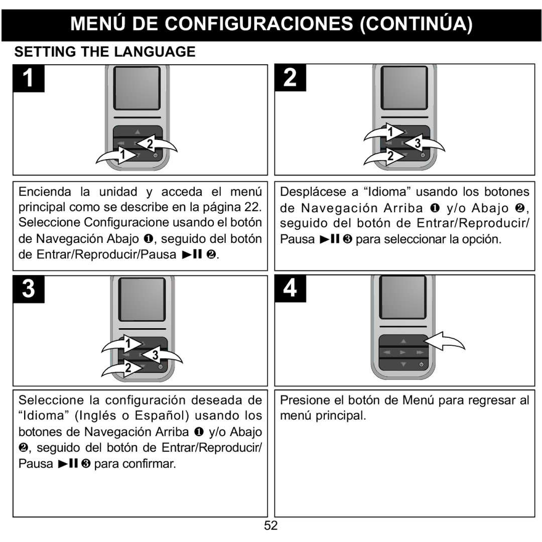 Memorex MMP8590-PNK, MMP8590-BLK, MMP8590-WHT, MMP8590-ORG manual Setting the Language 