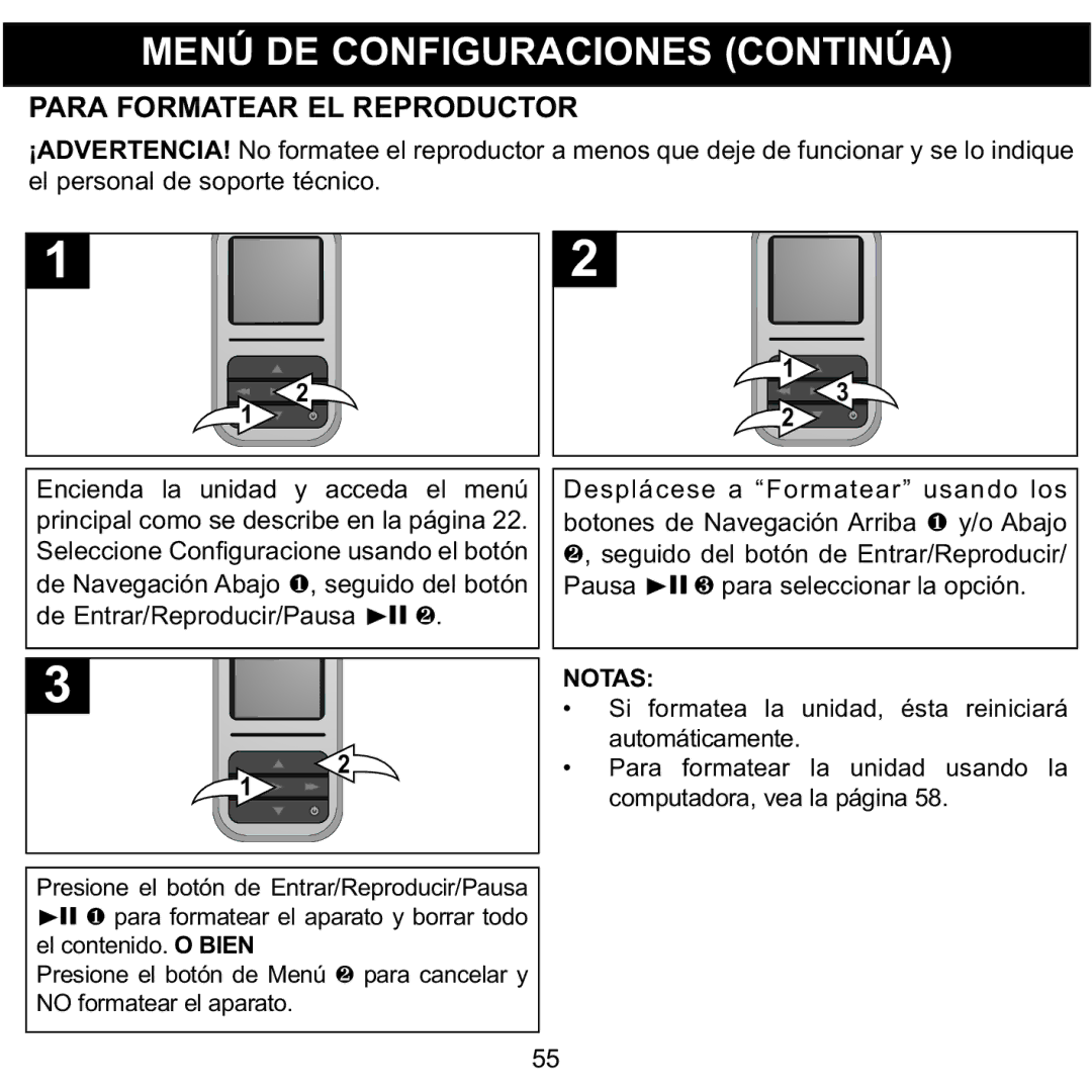 Memorex MMP8590-WHT, MMP8590-BLK, MMP8590-PNK, MMP8590-ORG manual Para Formatear EL Reproductor, De Entrar/Reproducir/Pausa1 