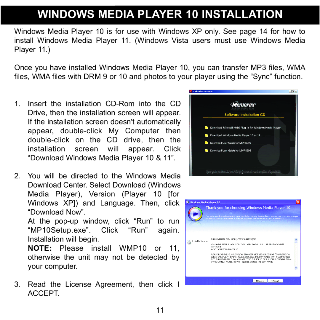 Memorex MMP8590-BLK, MMP8590-WHT, MMP8590-PNK, MMP8590-ORG manual Windows Media Player 10 Installation 