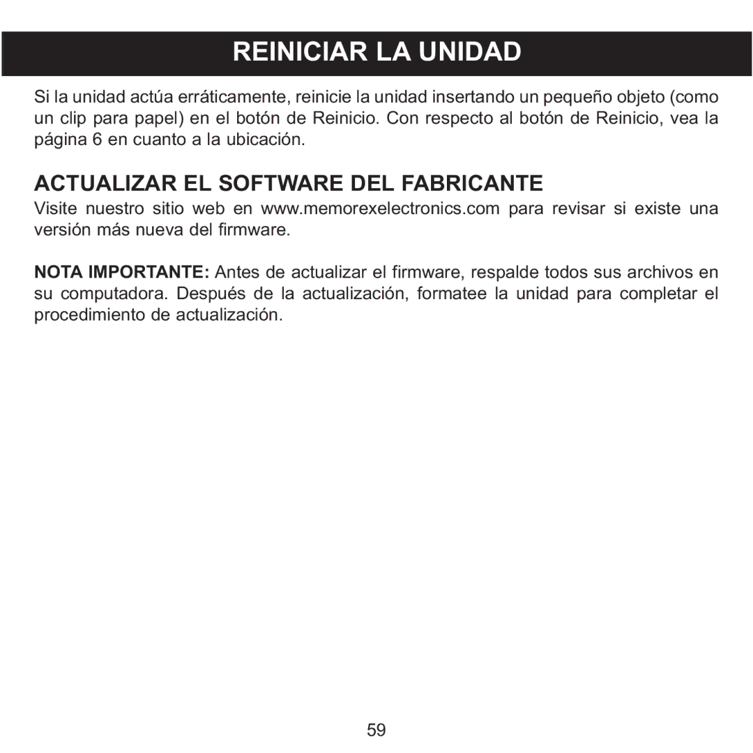 Memorex MMP8590-WHT, MMP8590-BLK, MMP8590-PNK, MMP8590-ORG manual Reiniciar LA Unidad, Actualizar EL Software DEL Fabricante 