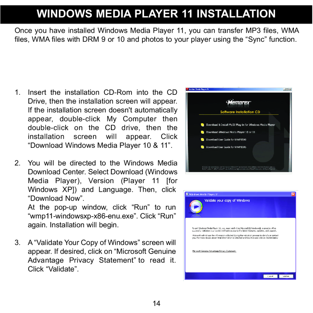 Memorex MMP8590-ORG, MMP8590-BLK, MMP8590-WHT, MMP8590-PNK manual Windows Media Player 11 Installation 